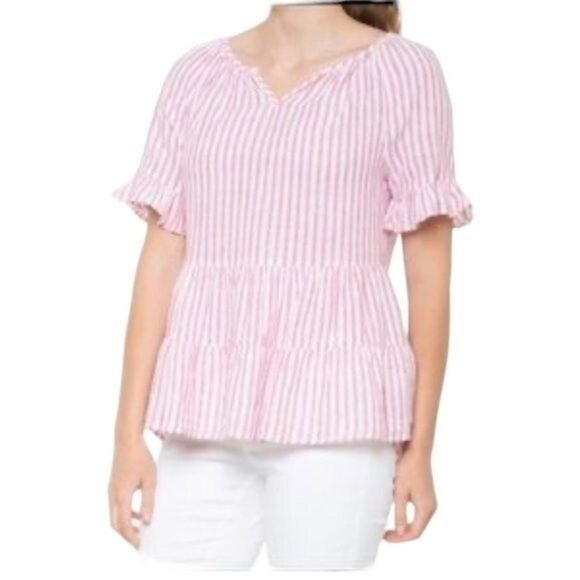 BeachLunchLounge Peplum Top Womens M Pink White Stripe Linen Blend Ruffle Sleeve - Picture 5 of 8